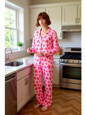 FRM Kadın Açık Kalpli Baskılı Pijama Takımı Fonksiyonel Dayanıklı Kaliteli Konforlu Estetik Şık