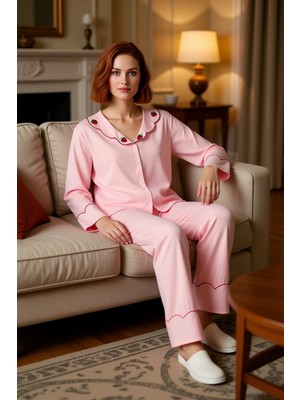 PayBuy Kadın Çilek Nakışlı Viskon Gömlek Yaka Pijama Takımı Fonksiyonel Dayanıklı Kaliteli Modern