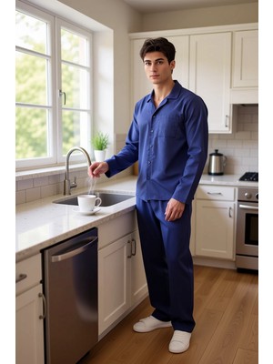 FRM Erkek Düz Dokuma Gömlek Yaka Pijama Takımı Fonksiyonel Dayanıklı Kaliteli Konforlu Estetik