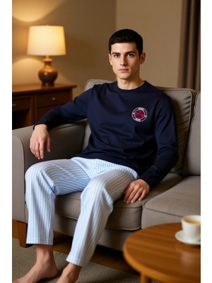 PayBuy Erkek Bisiklet Yaka Nakışlı Pijama Takımı Fonksiyonel Dayanıklı Kaliteli Konforlu Estetik Şık