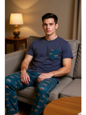 PayBuy Erkek Animal Desenli Bisiklet Yaka Pamuklu Pijama Takımı Fonksiyonel Dayanıklı Kaliteli Şık