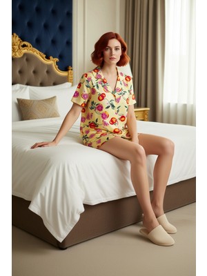 Ersefa Kadın Renkli Meyve Baskılı Gömlek ve Şort Pijama Takımı Fonksiyonel Dayanıklı Kaliteli Şık