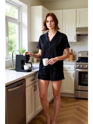 FRM Kadın Gömlek Şort Pijama Takımı Dantel Detaylı Visko Fonksiyonel Dayanıklı Kaliteli Modern