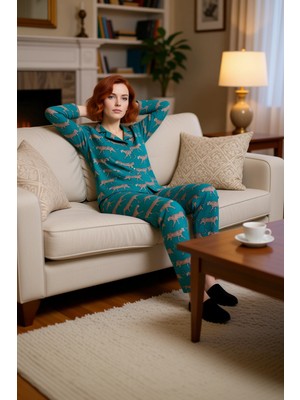 PayBuy Kadın Kaplan Desenli Gömlek Yaka Pijama Takımı Fonksiyonel Dayanıklı Kaliteli Konforlu Şık