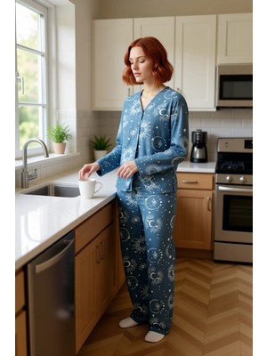 FRM Kadın Galaksi Baskılı Viskon Pijama Seti Fonksiyonel Dayanıklı Kaliteli Konforlu Estetik Şık