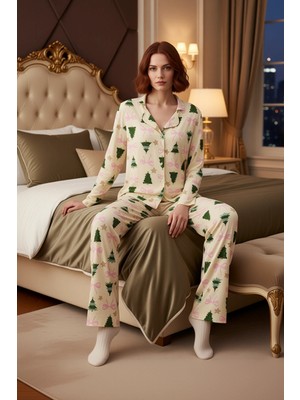 Ersefa Kadın Yılbaşı Ağaç Baskılı Gömlek ve Pantolon Pijama Takımı Fonksiyonel Dayanıklı Kaliteli