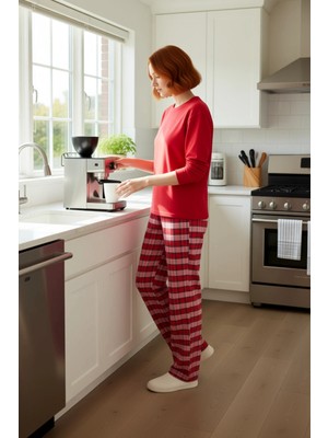 FRM Kadın Ekoseli Pijama Takımı Uzun Kollu Bisiklet Yaka Fonksiyonel Dayanıklı Kaliteli Modern