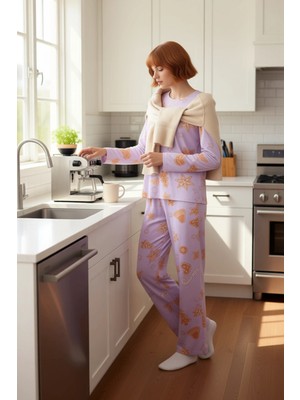 FRM Kadın Lila Yılbaşı Desenli Pamuklu Ev Giyim Takımı Fonksiyonel Dayanıklı Kaliteli Konforlu