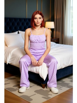 Ersefa Puantiyeli Ip Askılı Pijama Takımı Kadın Lounge Giyim Fonksiyonel Dayanıklı Kaliteli Rahat