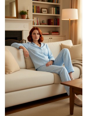 PayBuy Kadın Çizgili Pijama Takımı Gömlek Yaka Fonksiyonel Dayanıklı Kaliteli Konforlu Estetik Şık