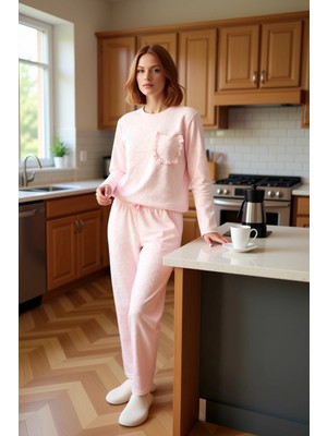 FRM Kadın Pudra Kalp Desenli Pijama Takımı Fonksiyonel Dayanıklı Kaliteli Konforlu Estetik Şık