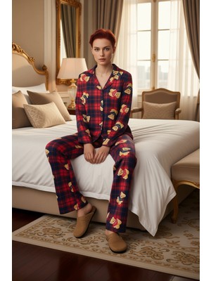 Ersefa Kadin Ekose Ayicik Desenli Pijama Takımı Gömlek Yaka Uzun Kollu Fonksiyonel Dayanıklı Spor