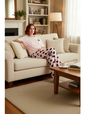 PayBuy Kadın Kedi Desenli Bisiklet Yaka Pijama Takımı Fonksiyonel Dayanıklı Kaliteli Konforlu Şık