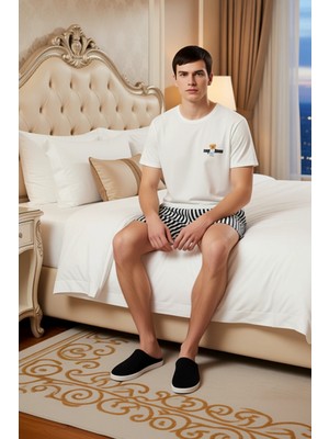 Ersefa Erkek Çizgili Pijama Takımı Bisiklet Yaka Şortlu Fonksiyonel Dayanıklı Kaliteli Konforlu Şık