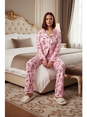 Ersefa Kadın Yılbaşı Kalp Desenli Pijama Takımı Gömlek Yaka Fonksiyonel Dayanıklı Kaliteli Modern