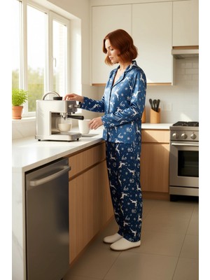 FRM Kadın Saten Pijama Takımı Yılbaşı Temalı Geyik Desen Fonksiyonel Dayanıklı Kaliteli Modern