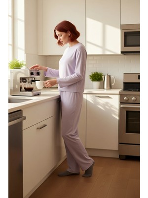 FRM Kadın Lila Kalp Motifli Pijama Takımı Bisiklet Yaka Fonksiyonel Dayanıklı Kaliteli Estetik