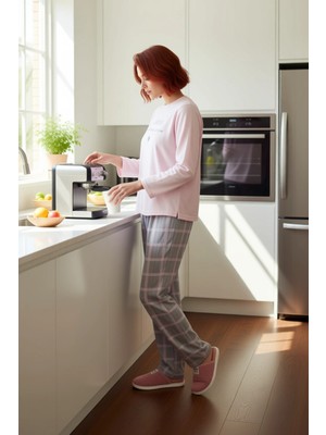 FRM Kadın Pudra Kalpli Sloganlı Ekose Pijama Takımı Fonksiyonel Dayanıklı Kaliteli Konforlu Şık