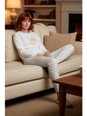 PayBuy Kadın Ayıcıklı Bisiklet Yaka Uzun Kollu Pijama Takımı Fonksiyonel Dayanıklı Kaliteli Rahat