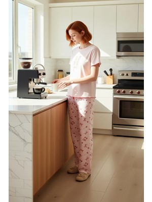 FRM Kadın Pudra Kiraz Fiyonk Desenli Örme Pijama Takımı Fonksiyonel Dayanıklı Kaliteli Estetik