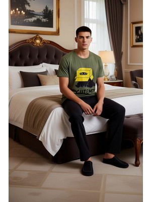 Ersefa Sevimli Kedi Baskılı Haki Erkek Pijama Takımı Fonksiyonel Dayanıklı Kaliteli Konforlu Spor