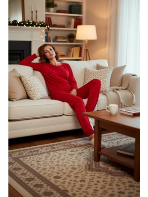 PayBuy Kadin Kirmizi Puantiyeli Polar Pijama Takımı Fonksiyonel Dayanıklı Kaliteli Konforlu Rahat