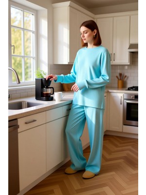 FRM Kadın Düz Fitilli Örme Pijama Takımı Bisiklet Yaka Fonksiyonel Dayanıklı Kaliteli Konforlu