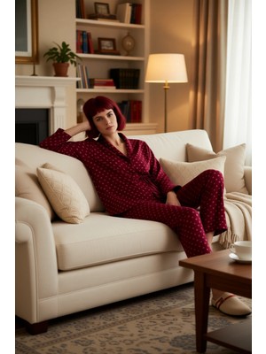 PayBuy Kadın Kalp Desenli V Yaka Uzun Kollu Pijama Takımı Fonksiyonel Dayanıklı Kaliteli Konforlu