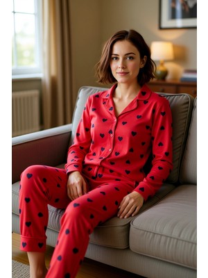 PayBuy Kadın Kalp Desenli Gömlek Yaka Pijama Takımı Fonksiyonel Dayanıklı Kaliteli Konforlu Rahat