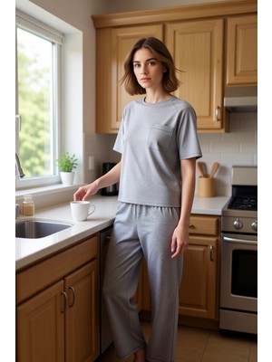 FRM Kadın Melanj Pijama Takımı Kalp Detaylı Fonksiyonel Dayanıklı Kaliteli Konforlu Estetik Şık