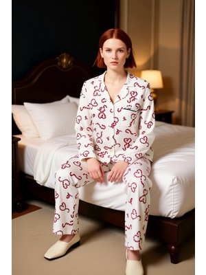 Ersefa Kadın Yılbaşı Kalp Desenli Pijama Takımı Gömlek Yaka Fonksiyonel Dayanıklı Kaliteli Modern