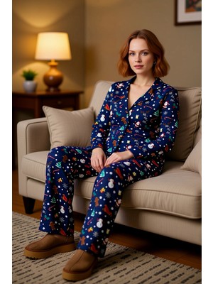 PayBuy Kadın Kış Temalı Baskılı Pijama Takımı Gömlek Pantolon Fonksiyonel Dayanıklı Kaliteli Spor