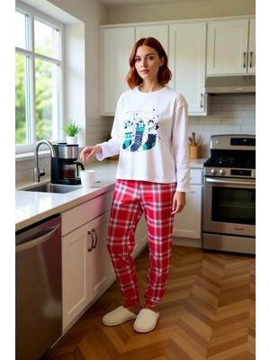 FRM Kadın Ekose Desenli Pijama Takımı Kış Temalı Fonksiyonel Dayanıklı Kaliteli Konforlu Rahat