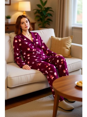 PayBuy Kadin Kalpli Baskılı Gömlek Yaka Pijama Takımı Fonksiyonel Dayanıklı Kaliteli Konforlu Şık
