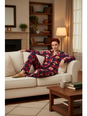 PayBuy Kadin Ayicik Desenli Ekose Pijama Takımı Gömlek Yaka Uzun Kollu Fonksiyonel Dayanıklı Spor