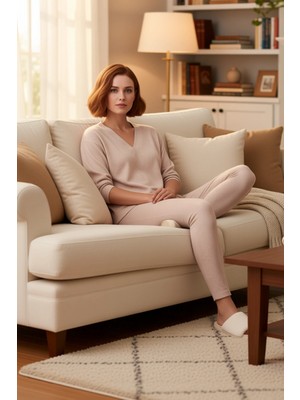 PayBuy Kadın Yumoş V Yaka Uzun Kollu Pijama Takımı Fonksiyonel Dayanıklı Kaliteli Konforlu Modern