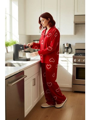 FRM Kirmizi Kalpli Polar Pijama Takımı Kadin Fonksiyonel Dayanıklı Kaliteli Konforlu Estetik Şık