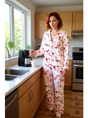 FRM Kadın Çok Renkli Kalpli Viskon Pijama Takımı Fonksiyonel Dayanıklı Kaliteli Konforlu Rahat