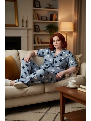 PayBuy Kadin Yıldız Desenli Gömlek Yaka Örme Pijama Takımı Fonksiyonel Dayanıklı Kaliteli Estetik