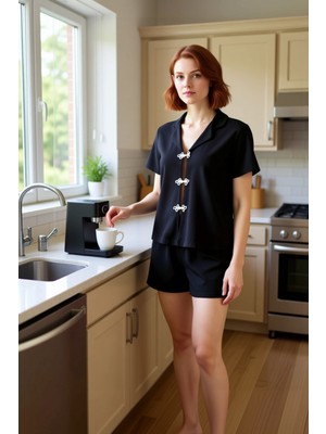 FRM Kadın Düğmeli Gömlek Şort Pijama Takımı Fonksiyonel Dayanıklı Kaliteli Konforlu Estetik Şık