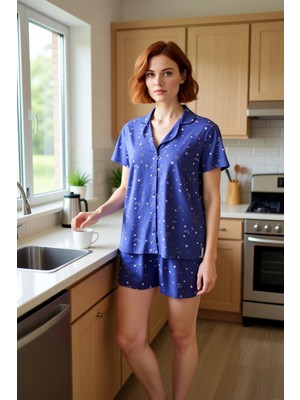 FRM Kadın Galaksi Baskılı Pijama Gömlek ve Şort Takımı Fonksiyonel Dayanıklı Kaliteli Konforlu