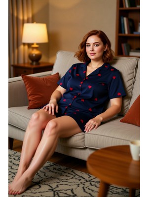 PayBuy Kadın Kalp Desenli Gömlek Şort Pijama Takımı Fonksiyonel Dayanıklı Kaliteli Konforlu Rahat