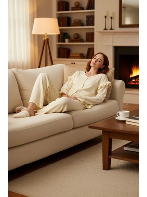 PayBuy Kadın Fırfırlı Crinkle Dokuma Pijama Takımı Fonksiyonel Dayanıklı Kaliteli Konforlu Modern