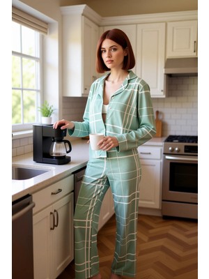 FRM Kadin Ayicik Desenli Ekose Pijama Takımı Gömlek Yaka Fonksiyonel Dayanıklı Kaliteli Modern