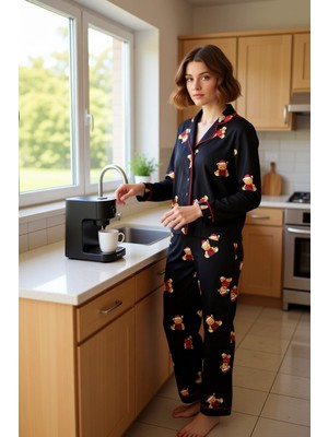 FRM Kadın Ayıcıklı Pijama Takımı Gömlek Yaka Uzun Kollu Fonksiyonel Dayanıklı Kaliteli Estetik