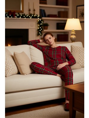 PayBuy Kadın Ekose Pijama Takımı Bisiklet Yaka Uzun Kollu Fonksiyonel Dayanıklı Kaliteli Konforlu