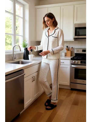 FRM Kadın Puantiye Detaylı Gömlek Pantolon Pijama Fonksiyonel Dayanıklı Kaliteli Konforlu Spor