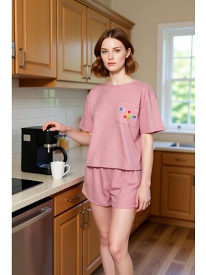 FRM Kadın Baskılı Şortlu Pijama Takımı Bisiklet Yaka Fonksiyonel Dayanıklı Kaliteli Konforlu Şık