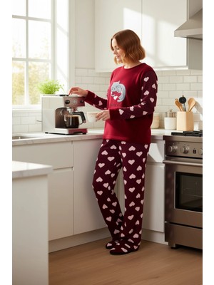 FRM Kadın Polar Pijama Takımı Kalp Desenli ve Uyku Bandi Fonksiyonel Dayanıklı Kaliteli Modern