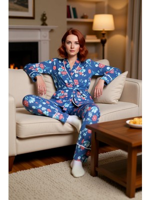 PayBuy Kadın Çiçek Desenli V Yaka Örme Pijama Takımı Fonksiyonel Dayanıklı Kaliteli Konforlu Spor